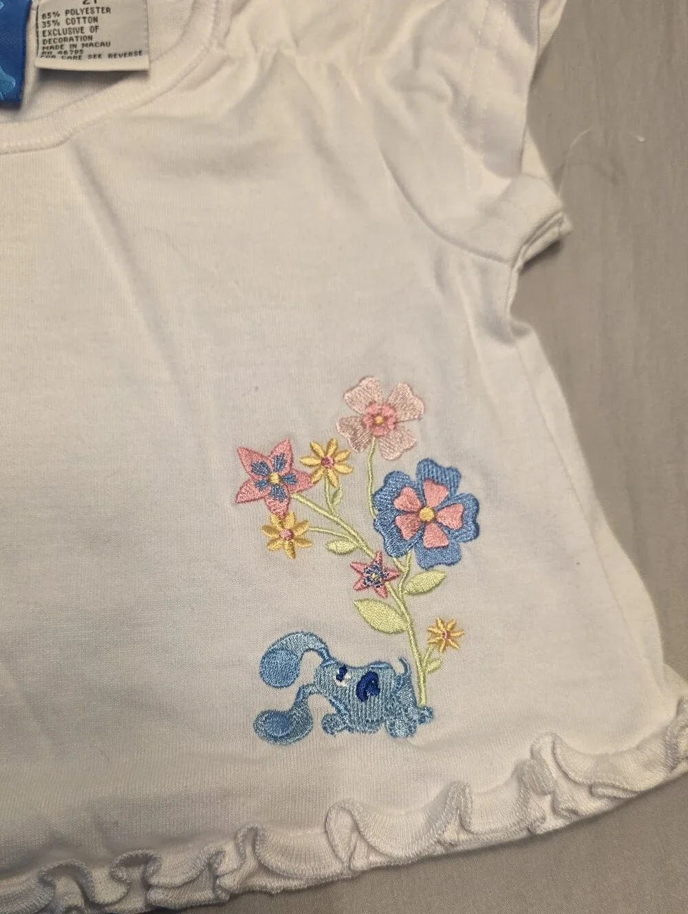 Vintage Blues Clues White Embroidered Ruffle Hem Tee